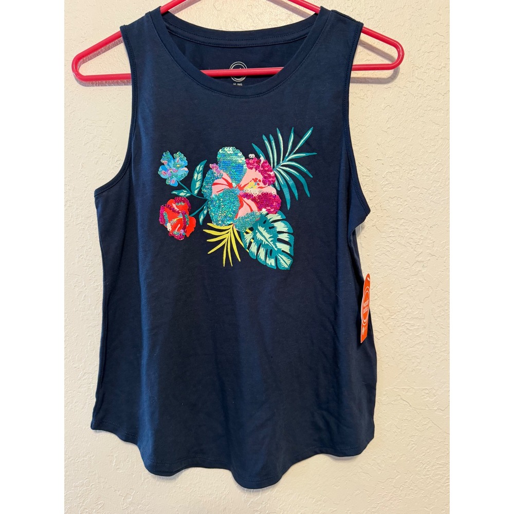 Wonder Nation Girls Navy Blue Tropical Floral Sequin Tank Top XL 14-16 NEW